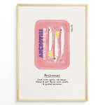Indlæs billede til gallerivisning Retro anchovies tin illustration plakat with handwritten cooking notes—vintage-inspired kitchen wall art print.
