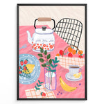 Indlæs billede til gallerivisning Colorful breakfast table illustration with kettle, fruit, and coffee—modern kitchen wall art print.
