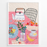 Indlæs billede til gallerivisning Colorful breakfast table illustration with kettle, fruit, and coffee—modern kitchen wall art print.
