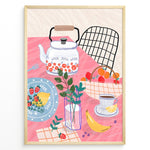 Indlæs billede til gallerivisning Colorful breakfast table illustration with kettle, fruit, and coffee—modern kitchen wall art print.
