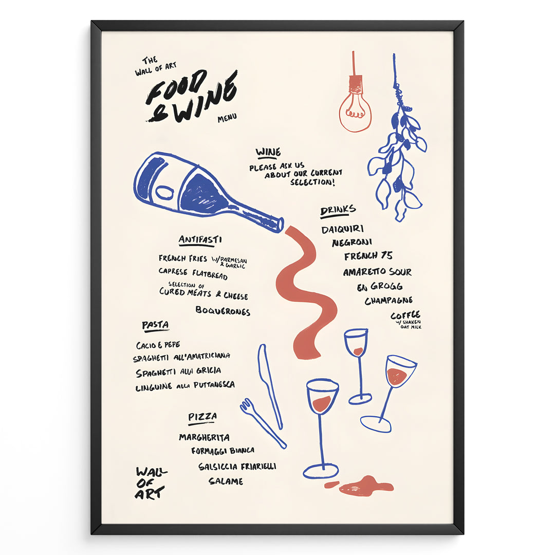 Minimalist hand-drawn food and wine menu illustration with bottles and glasses—modern kitchen wall art print.