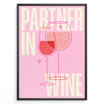 Indlæs billede til gallerivisning Pink wall art with two wine glasses and text “Partner in Wine” — modern romantic kitchen or bar wall print.
