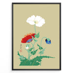 Indlæs billede til gallerivisning Japanese botanical illustration of white, red, and blue poppy flowers on a beige background in a framed poster.
