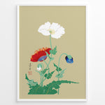 Indlæs billede til gallerivisning Japanese botanical illustration of white, red, and blue poppy flowers on a beige background in a framed poster.
