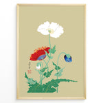 Indlæs billede til gallerivisning Japanese botanical illustration of white, red, and blue poppy flowers on a beige background in a framed poster.
