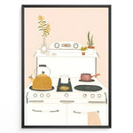 Indlæs billede til gallerivisning Minimalist art print plakat of a cozy kitchen stove with kettle, pots, and houseplants on a soft peach background.

