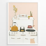 Indlæs billede til gallerivisning Minimalist art print plakat of a cozy kitchen stove with kettle, pots, and houseplants on a soft peach background.
