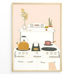 Indlæs billede til gallerivisning Minimalist art print plakat of a cozy kitchen stove with kettle, pots, and houseplants on a soft peach background.
