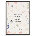 Indlæs billede til gallerivisning Julia Child quote wall art with doodles of food and kitchen items — “People who love to eat are always the best people.”

