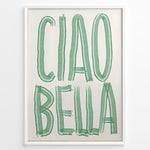 Indlæs billede til gallerivisning Modern Italian wall art print with bold green “Ciao Bella” text — stylish typography kitchen or café décor.
