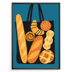 Indlæs billede til gallerivisning Modern art print of a tote bag filled with bread and pastries on a blue background — bakery-inspired kitchen wall décor.
