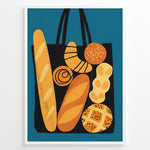 Indlæs billede til gallerivisning Modern art print of a tote bag filled with bread and pastries on a blue background — bakery-inspired kitchen wall décor.
