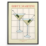 Indlæs billede til gallerivisning Dirty Martini cocktail art print featuring two martini glasses with olives and recipe text — elegant bar and kitchen wall décor.
