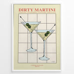 Indlæs billede til gallerivisning Dirty Martini cocktail art print featuring two martini glasses with olives and recipe text — elegant bar and kitchen wall décor.

