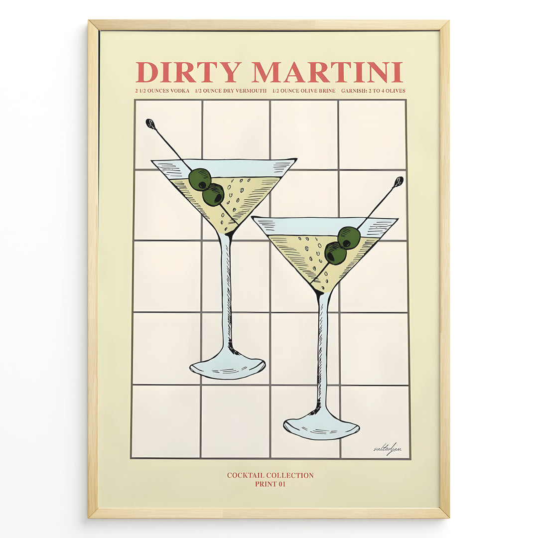 Dirty Martini cocktail art print featuring two martini glasses with olives and recipe text — elegant bar and kitchen wall décor.