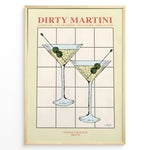 Indlæs billede til gallerivisning Dirty Martini cocktail art print featuring two martini glasses with olives and recipe text — elegant bar and kitchen wall décor.
