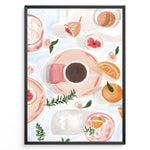 Indlæs billede til gallerivisning Watercolor art print of coffee cups, figs, and oranges on a pastel background — modern breakfast-themed kitchen wall décor.
