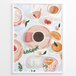 Indlæs billede til gallerivisning Watercolor art print of coffee cups, figs, and oranges on a pastel background — modern breakfast-themed kitchen wall décor.
