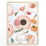 Indlæs billede til gallerivisning Watercolor art print of coffee cups, figs, and oranges on a pastel background — modern breakfast-themed kitchen wall décor.
