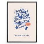 Indlæs billede til gallerivisning Waffle illustration with berries and the quote “Love at first bite” — cute breakfast-themed kitchen wall art print.
