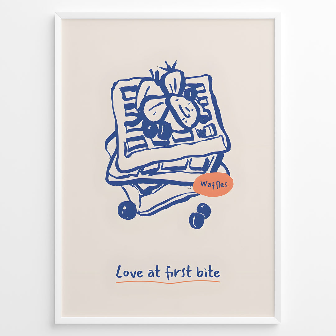 Waffle illustration with berries and the quote “Love at first bite” — cute breakfast-themed kitchen wall art print.