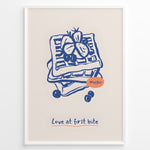 Indlæs billede til gallerivisning Waffle illustration with berries and the quote “Love at first bite” — cute breakfast-themed kitchen wall art print.

