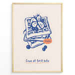 Indlæs billede til gallerivisning Waffle illustration with berries and the quote “Love at first bite” — cute breakfast-themed kitchen wall art print.
