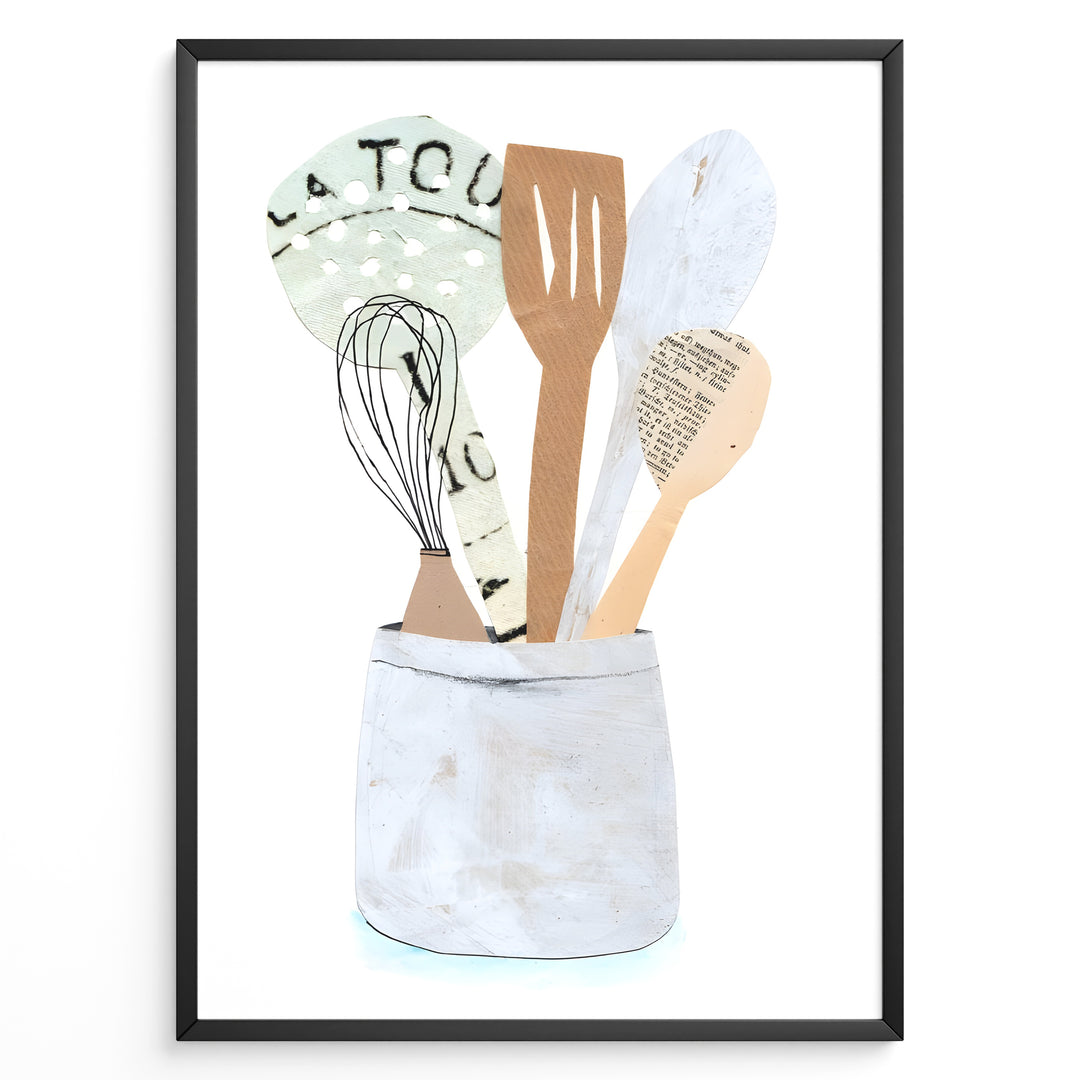 Minimalist art print of wooden kitchen utensils in a ceramic jar — modern cooking-themed wall décor for kitchens.