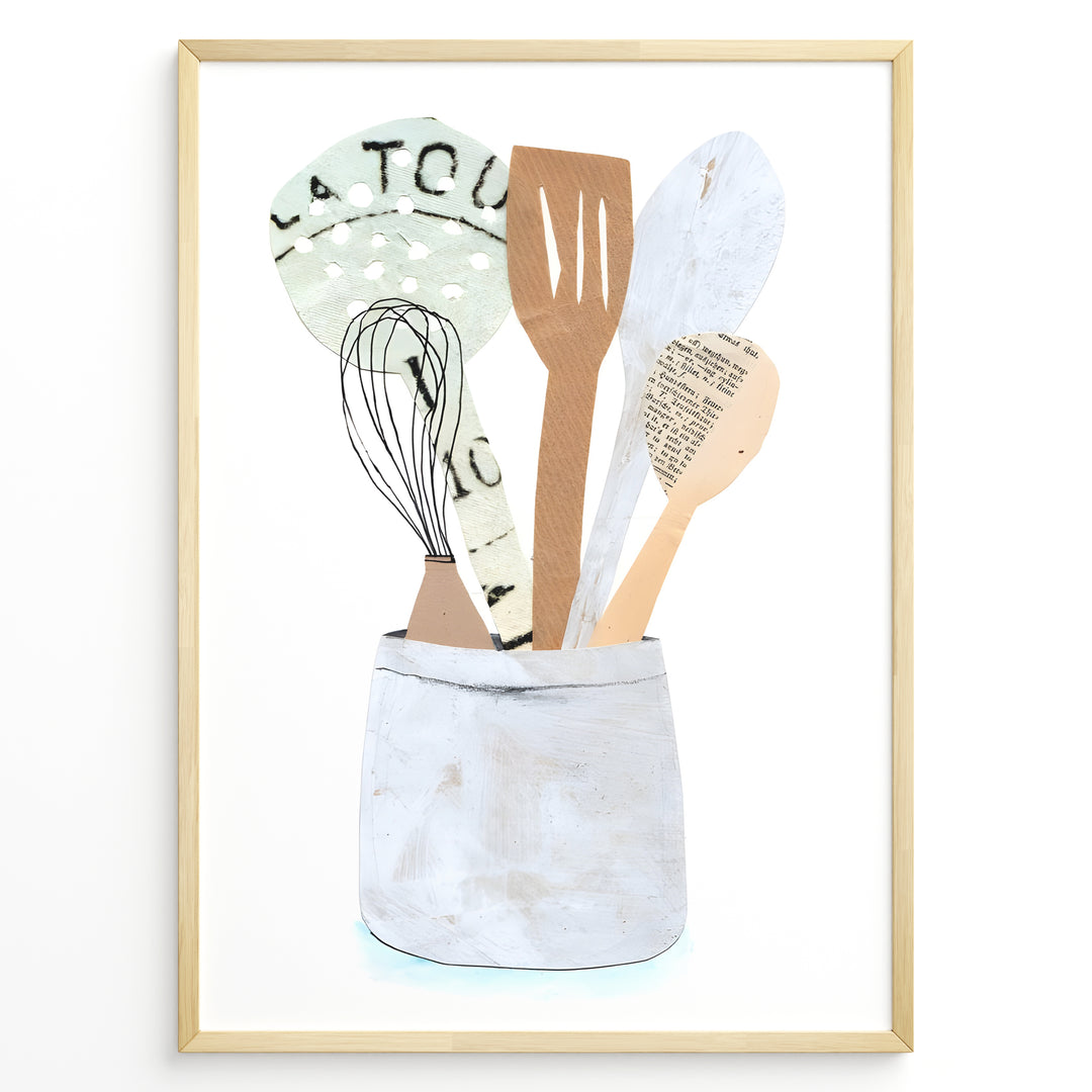 Minimalist art print of wooden kitchen utensils in a ceramic jar — modern cooking-themed wall décor for kitchens.