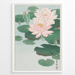 Indlæs billede til gallerivisning Japanese woodblock-style lotus flower illustration with pink blooms and green lily pads in a framed poster.
