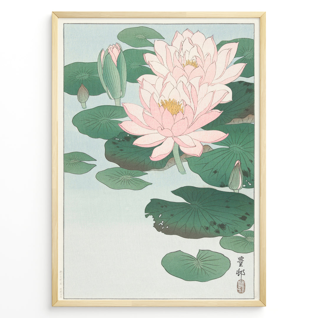Japanese woodblock-style lotus flower illustration with pink blooms and green lily pads in a framed poster.
