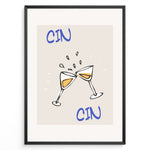 Indlæs billede til gallerivisning Illustration of two clinking wine glasses plakat with splashes and the words “Cin Cin” in blue, framed in black on a beige background.
