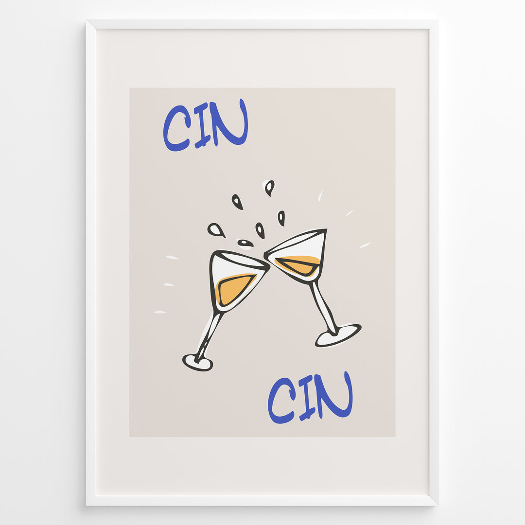 Illustration of two clinking wine glasses plakat with splashes and the words “Cin Cin” in blue, framed in black on a beige background.