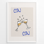 Indlæs billede til gallerivisning Illustration of two clinking wine glasses plakat with splashes and the words “Cin Cin” in blue, framed in black on a beige background.
