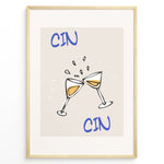 Indlæs billede til gallerivisning Illustration of two clinking wine glasses plakat with splashes and the words “Cin Cin” in blue, framed in black on a beige background.
