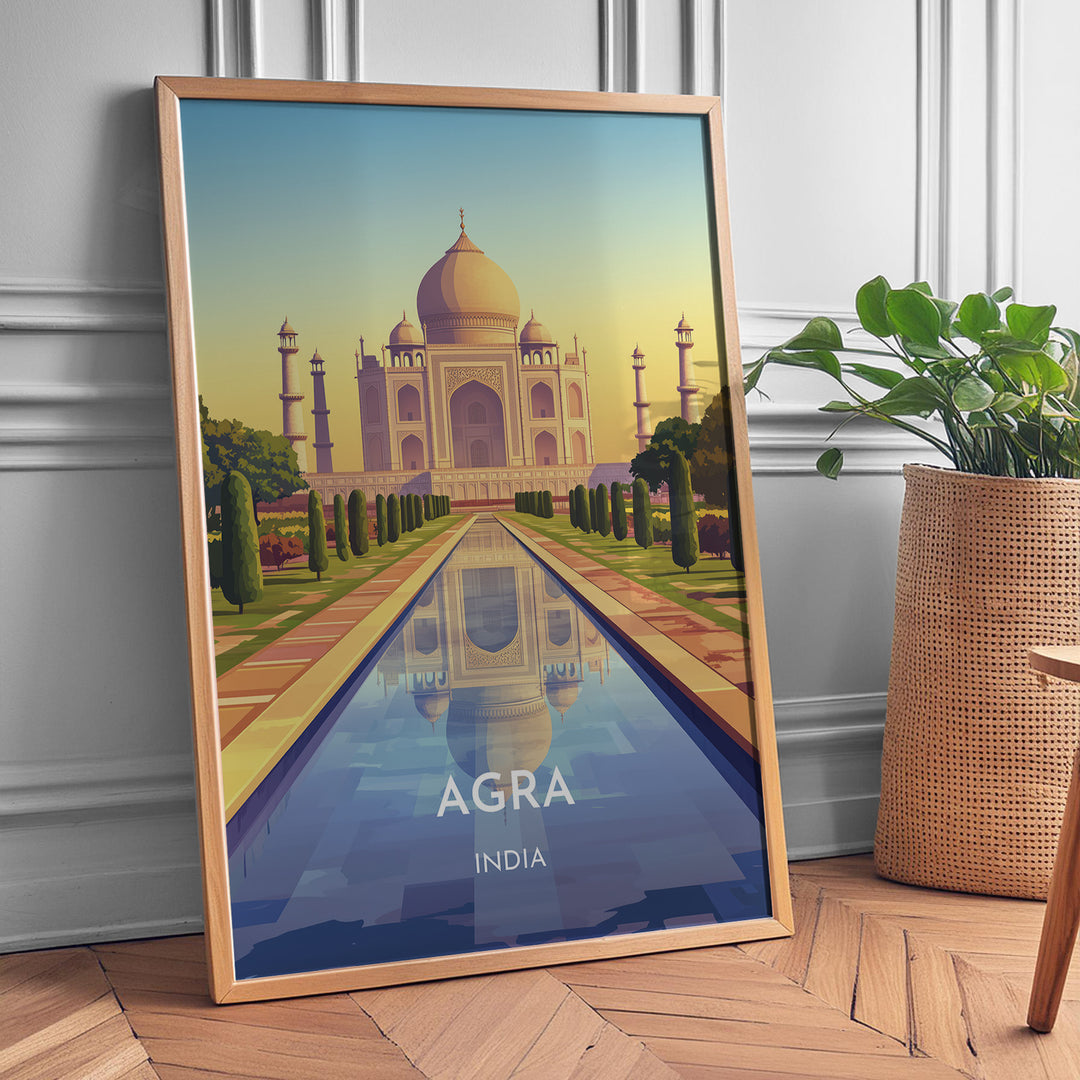 Agra Vintage Travel Plakat | Vintage Travel Poster | Denne plakat viser det ikoniske Taj Mahal i Agra, Indien, med dets hvide marmorkupler og minareter mod en gradient himmel. Perfekt til rejse- og arkitekturentusiaster.