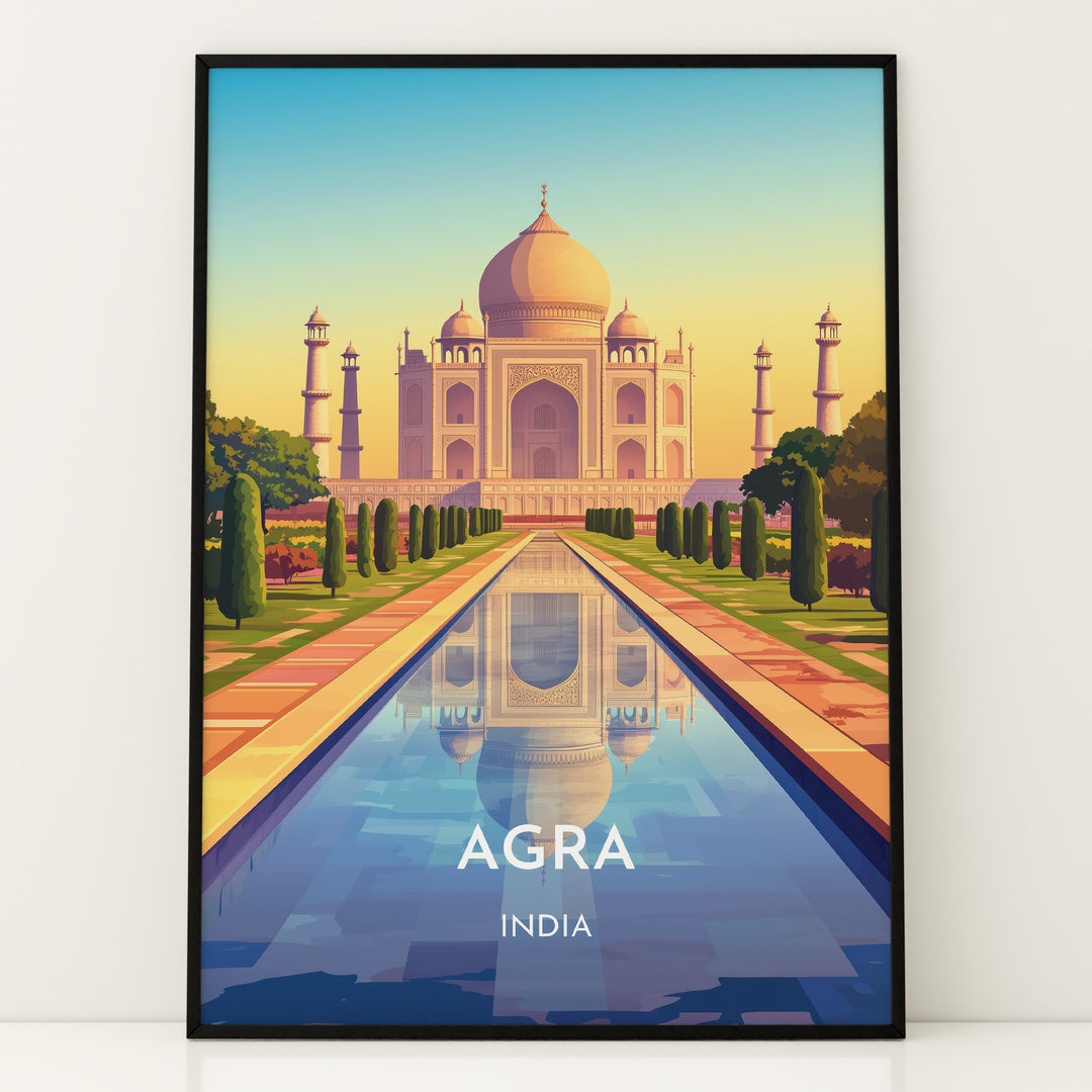 Agra Vintage Travel Plakat | Vintage Travel Poster | Denne plakat viser det ikoniske Taj Mahal i Agra, Indien, med dets hvide marmorkupler og minareter mod en gradient himmel. Perfekt til rejse- og arkitekturentusiaster.