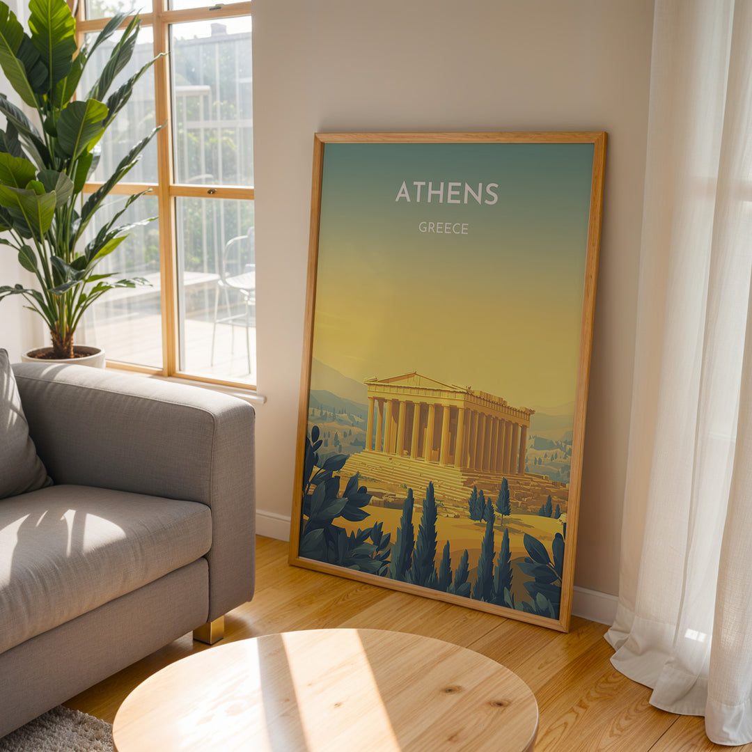 Athens Vintage Travel Plakat | Vintage Travel Poster | Denne plakat viser Parthenon i Athen, Grækenland, i gyldne nuancer med en gradient baggrund fra teal til gul. Perfekt til rejse- og historiefans.