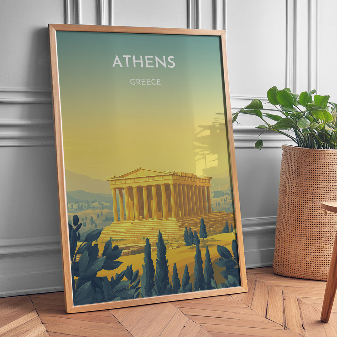 Athens Vintage Travel Plakat | Vintage Travel Poster | Denne plakat viser Parthenon i Athen, Grækenland, i gyldne nuancer med en gradient baggrund fra teal til gul. Perfekt til rejse- og historiefans.