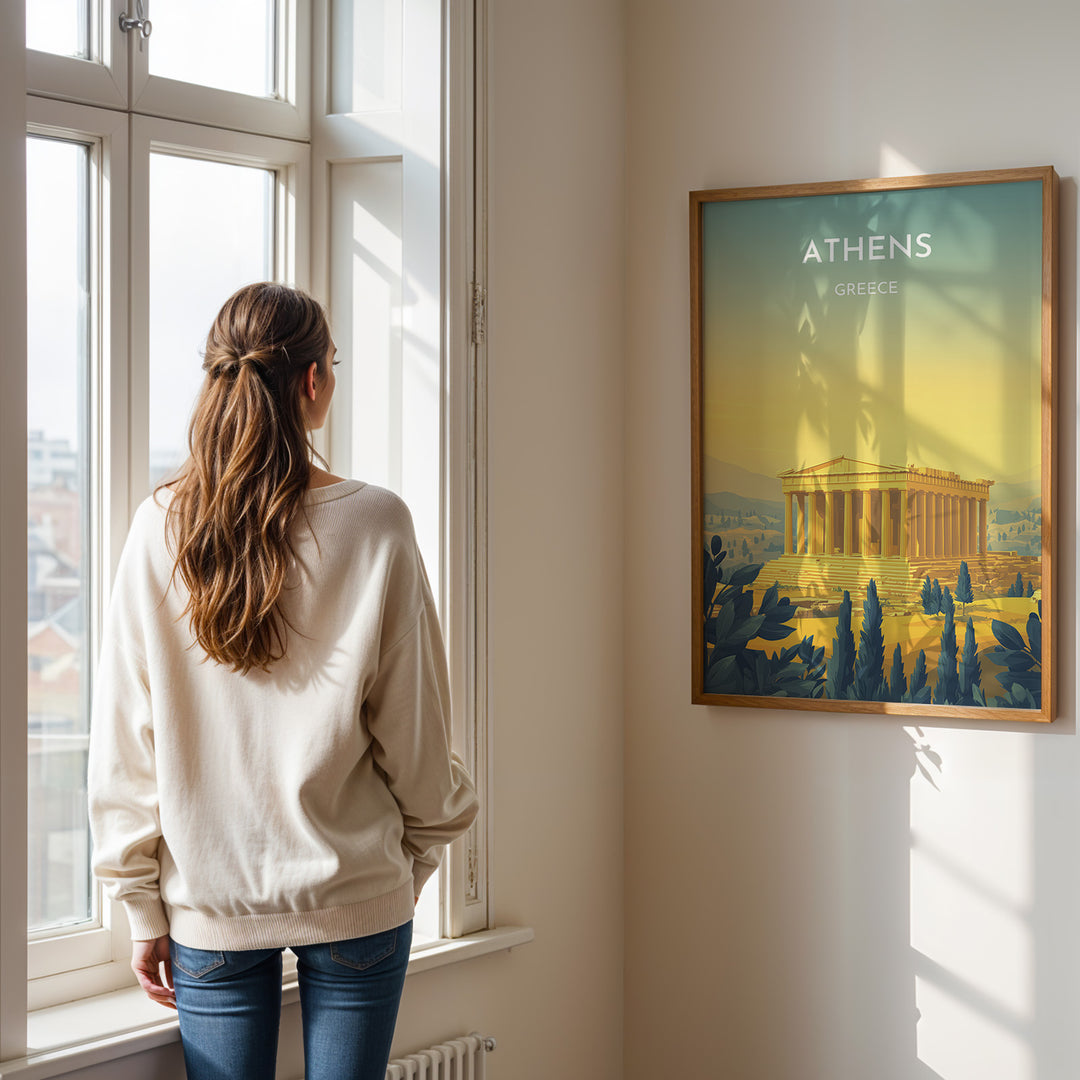 Athens Vintage Travel Plakat | Vintage Travel Poster | Denne plakat viser Parthenon i Athen, Grækenland, i gyldne nuancer med en gradient baggrund fra teal til gul. Perfekt til rejse- og historiefans.