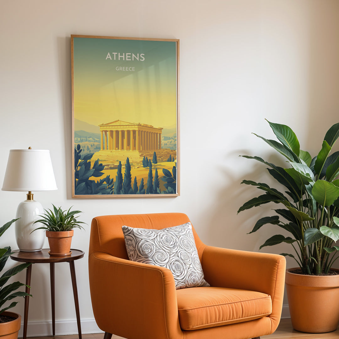 Athens Vintage Travel Plakat | Vintage Travel Poster | Denne plakat viser Parthenon i Athen, Grækenland, i gyldne nuancer med en gradient baggrund fra teal til gul. Perfekt til rejse- og historiefans.