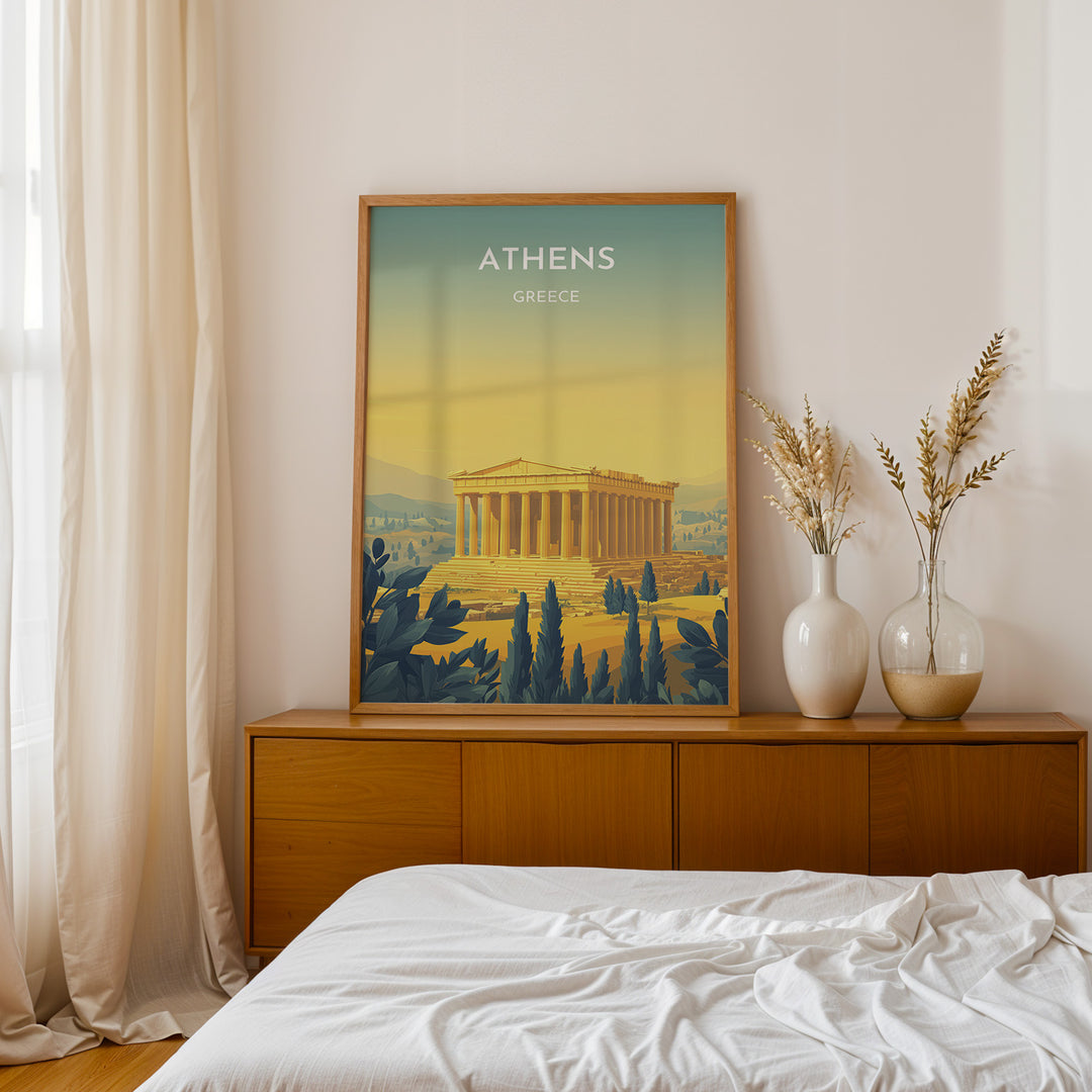 Athens Vintage Travel Plakat | Vintage Travel Poster | Denne plakat viser Parthenon i Athen, Grækenland, i gyldne nuancer med en gradient baggrund fra teal til gul. Perfekt til rejse- og historiefans.