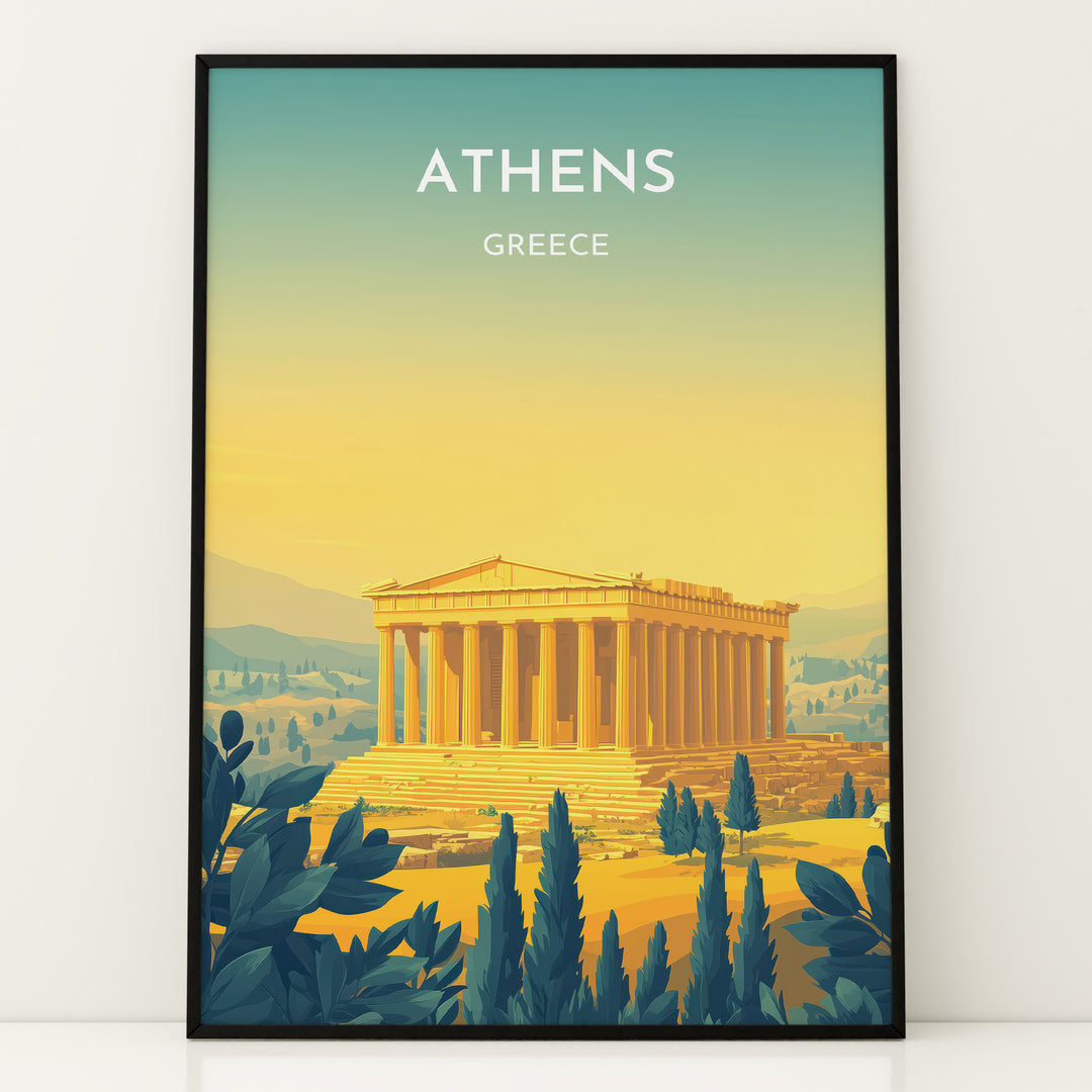 Athens Vintage Travel Plakat | Vintage Travel Poster | Denne plakat viser Parthenon i Athen, Grækenland, i gyldne nuancer med en gradient baggrund fra teal til gul. Perfekt til rejse- og historiefans.