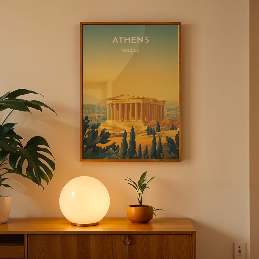 Athens Vintage Travel Plakat | Vintage Travel Poster | Denne plakat viser Parthenon i Athen, Grækenland, i gyldne nuancer med en gradient baggrund fra teal til gul. Perfekt til rejse- og historiefans.