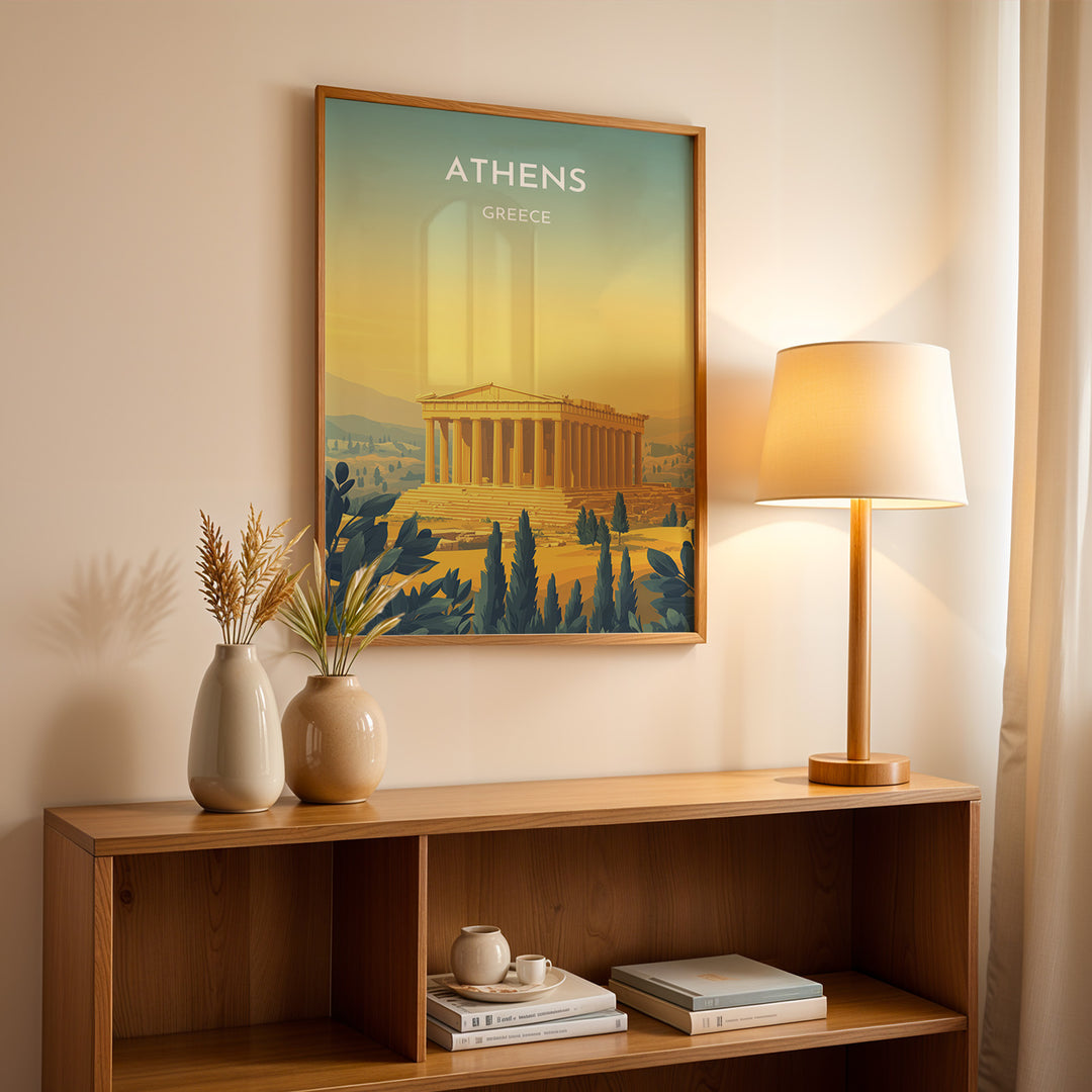 Athens Vintage Travel Plakat | Vintage Travel Poster | Denne plakat viser Parthenon i Athen, Grækenland, i gyldne nuancer med en gradient baggrund fra teal til gul. Perfekt til rejse- og historiefans.