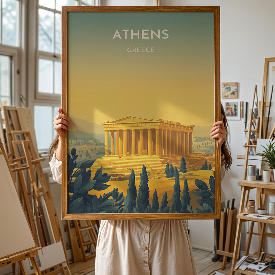 Athens Vintage Travel Plakat | Vintage Travel Poster | Denne plakat viser Parthenon i Athen, Grækenland, i gyldne nuancer med en gradient baggrund fra teal til gul. Perfekt til rejse- og historiefans.