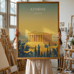 Indlæs billede til gallerivisning Athens Vintage Travel Plakat | Vintage Travel Poster | Denne plakat viser Parthenon i Athen, Grækenland, i gyldne nuancer med en gradient baggrund fra teal til gul. Perfekt til rejse- og historiefans.
