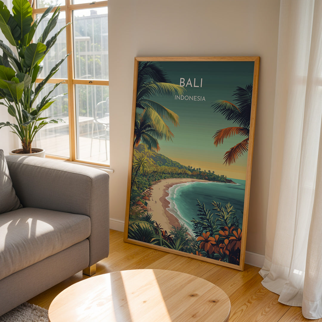 Bali Vintage Travel Plakat | Vintage Travel Poster | Denne plakat viser en tropisk strandscene med turkisfarvet vand, frodig grøn natur og palmer. Perfekt til dem, der elsker eksotiske rejsemål.