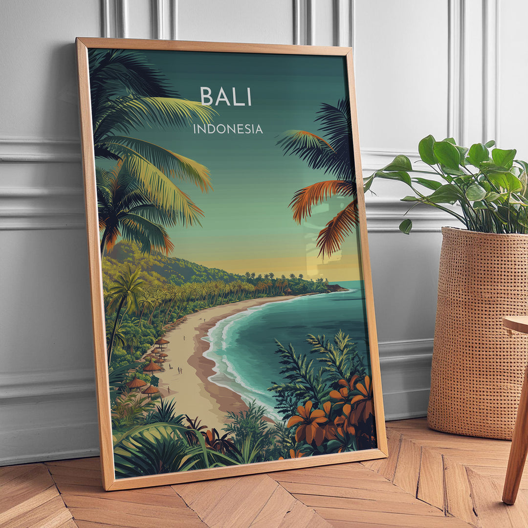 Bali Vintage Travel Plakat | Vintage Travel Poster | Denne plakat viser en tropisk strandscene med turkisfarvet vand, frodig grøn natur og palmer. Perfekt til dem, der elsker eksotiske rejsemål.