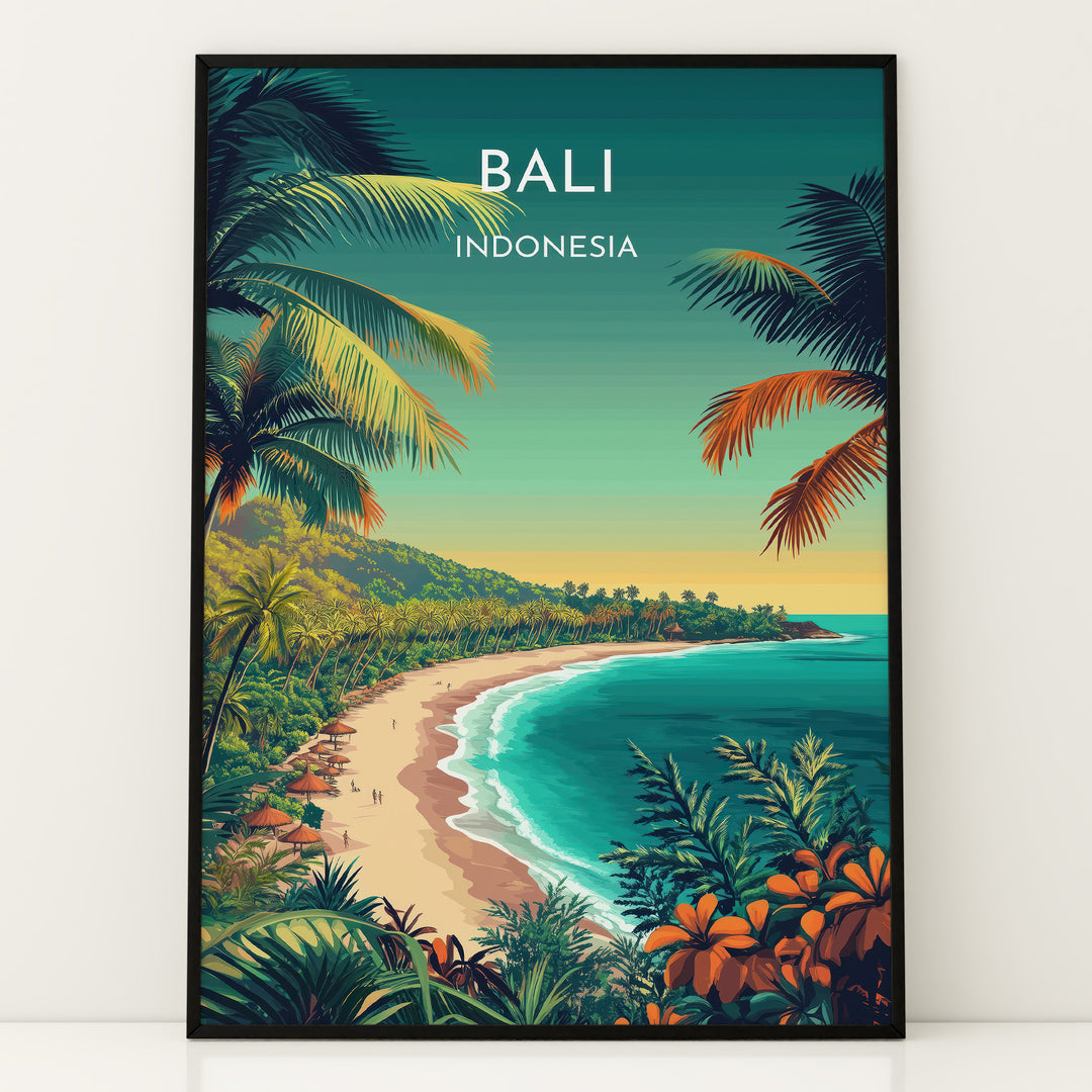 Bali Vintage Travel Plakat | Vintage Travel Poster | Denne plakat viser en tropisk strandscene med turkisfarvet vand, frodig grøn natur og palmer. Perfekt til dem, der elsker eksotiske rejsemål.